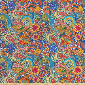 Lunarable Asian Fabric by The Yard Colorful Paisley Floral Pattern Classical Ornamental Medieval Ar