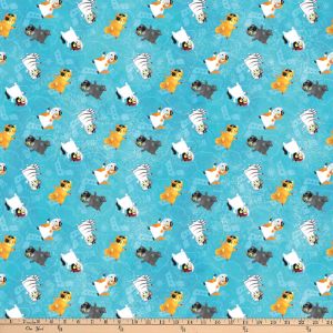 The best quilting fabric featuring a delightful assortment of cats and dogs on a vibrant blue background.