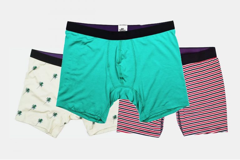 Three men's boxer briefs in different colors.