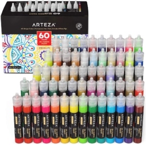 Arteza 3D Fabric Paint, Set of 60, Metallic & Glitter Colors, 1oz Tubes, Glow-in-The-Dark & Vibrant