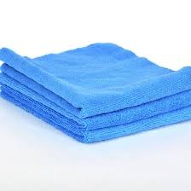 Four blue microfiber towels on a white background.