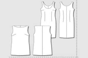 Technical sketch of a sleeveless dress with front and back views and a separated pattern layout.