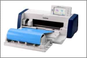 A blue Brother printer with a roll of paper.