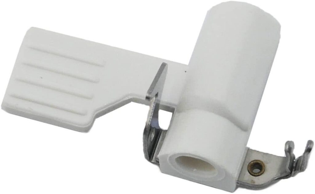 A white plastic latch designed for sewing machine needle threader on a white background.
