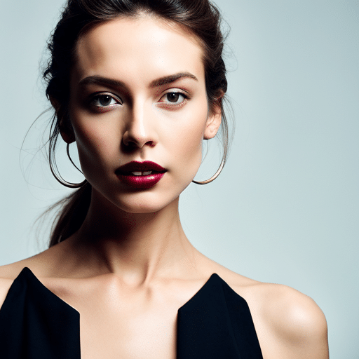 A stunning woman in a black dress with bold red lipstick operates the Bernette B77 Computerized Sewing Machine.