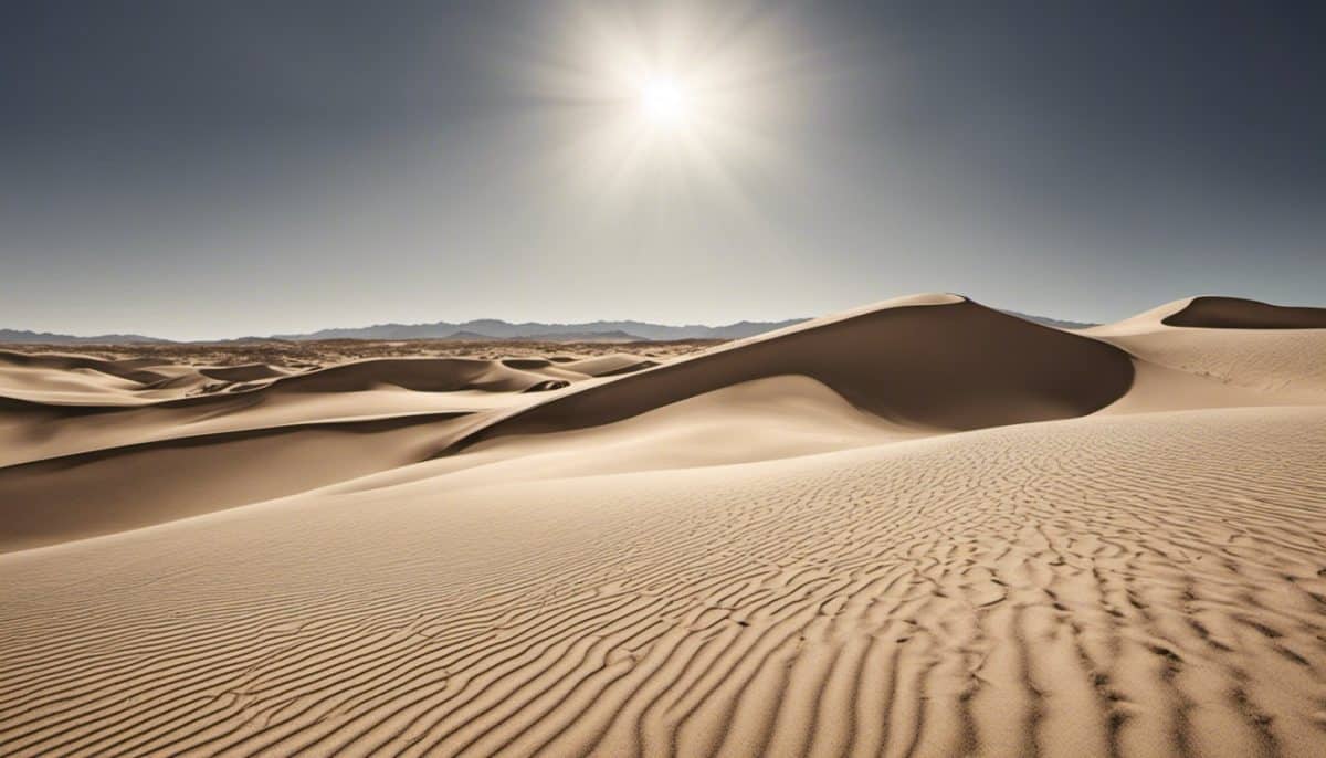 Desert sand dunes with the sun shining on them, resembling a quilt.