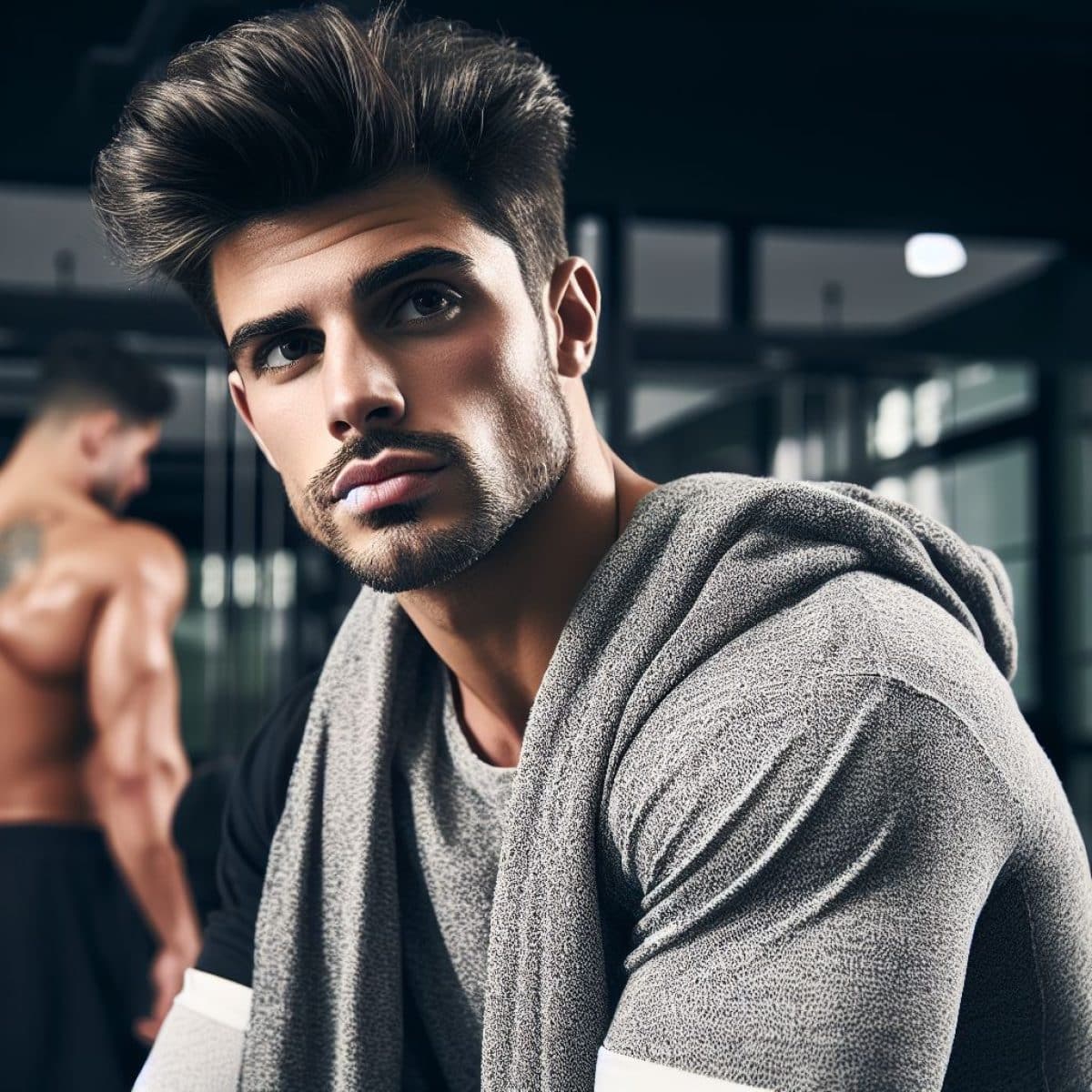 A man in a gym with a towel on his head, showcasing his fashion style as he channels his inner Travis Kelce before hitting the gym.