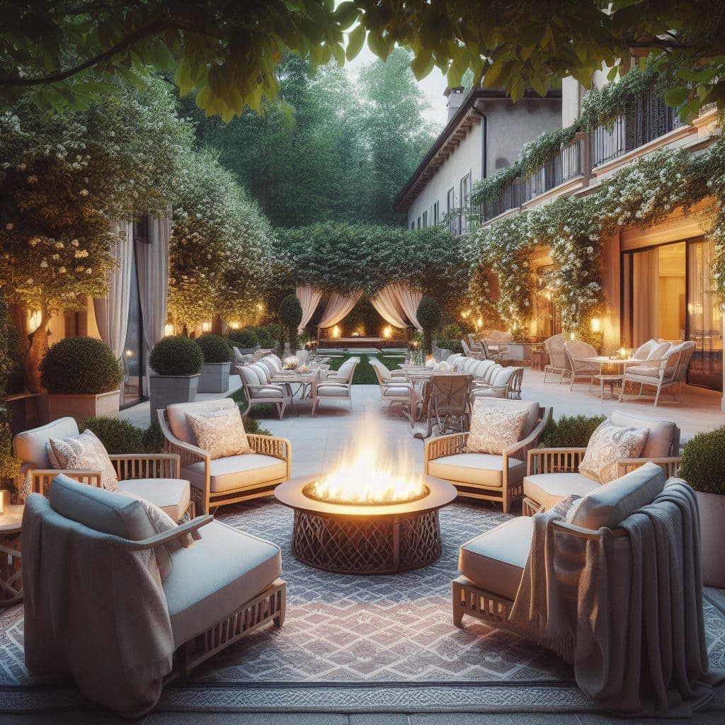 3D rendering of a courtyard with a fire pit made of fabric.