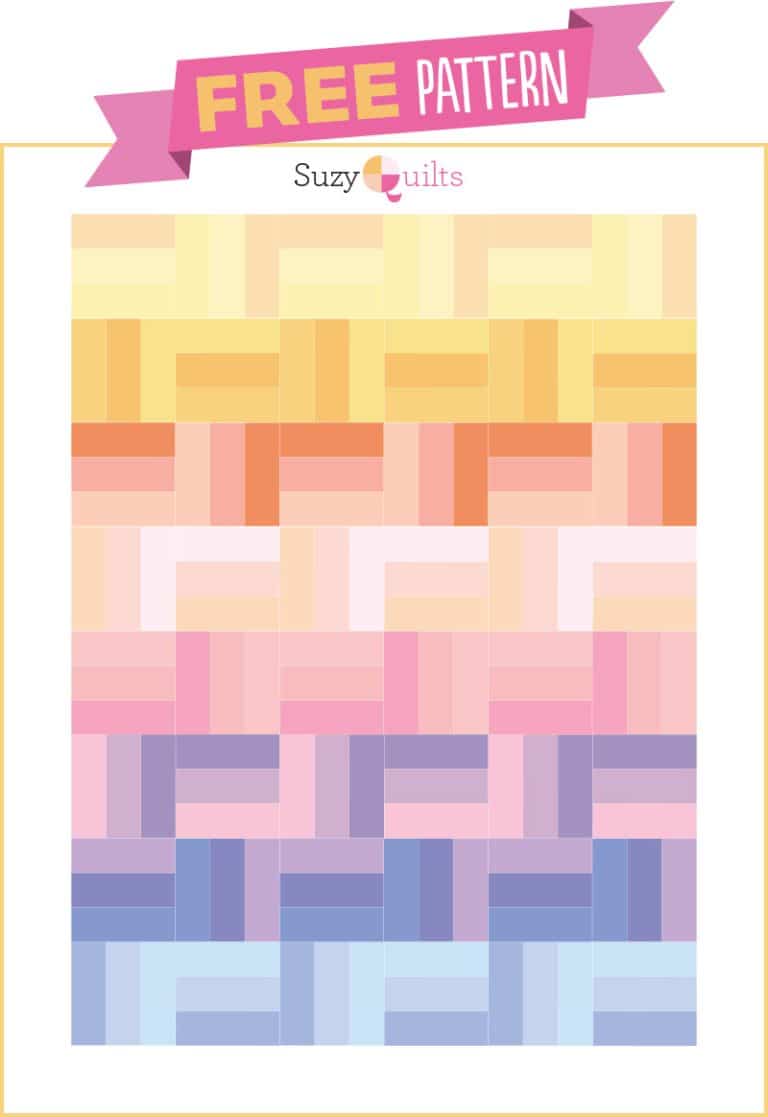 A free quilting pattern with a pink, yellow, and blue background suitable for beginners.