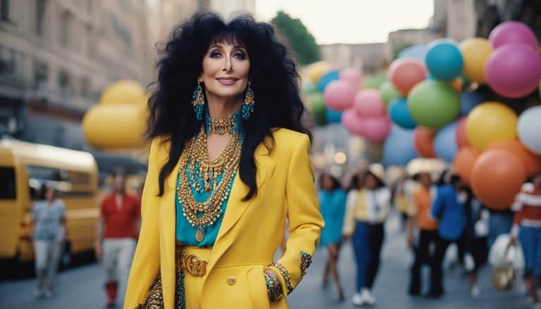 A fashion-forward woman wearing a yellow jacket is standing on a street with balloons, exuding individuality in her style inspired by Cher.