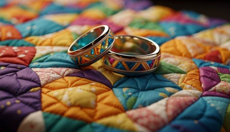 A meticulously crafted Double Wedding Ring Quilt showcasing the Symbol of Love, with two wedding rings delicately placed upon its vibrant surface.