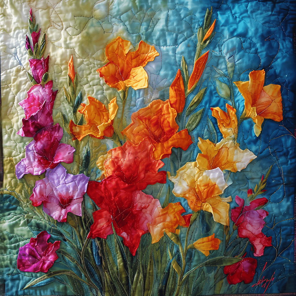 A quilt with colorful flowers on it.