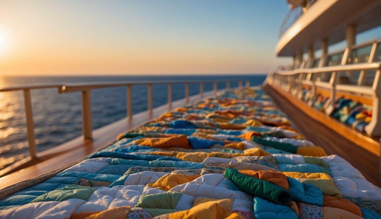 Quilting materials scattered on deck of cruise ship, with ocean and sunset in background