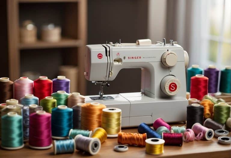 A Heavy-Duty Sewing Machine with a lot of spools of thread.