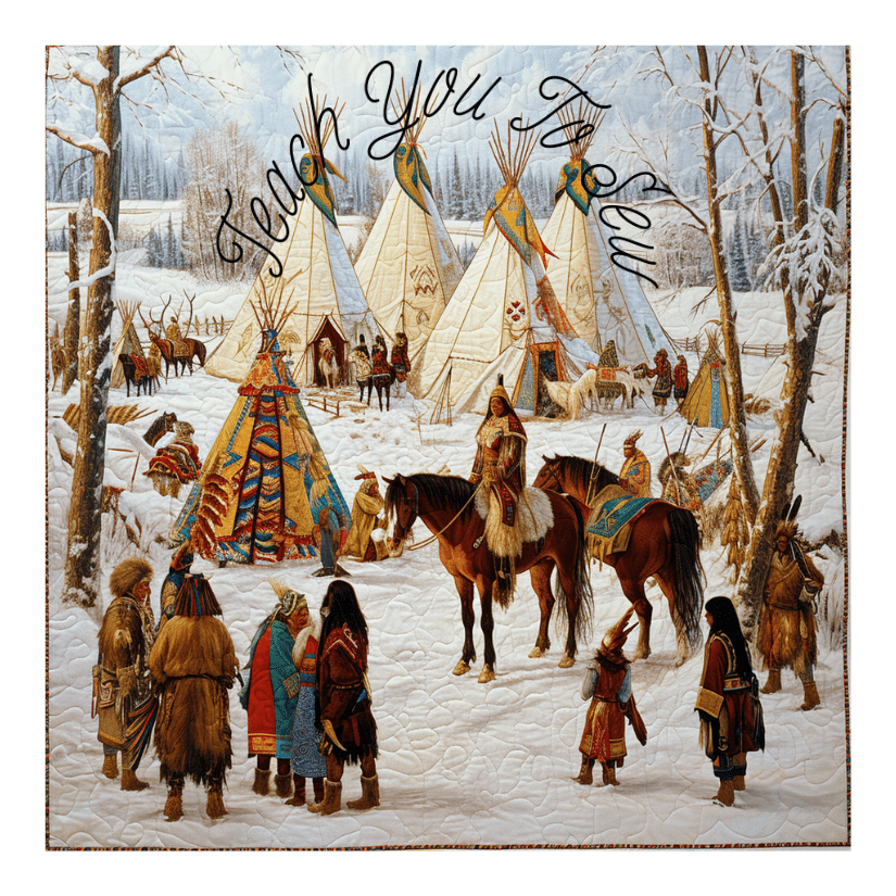 A mesmerizing painting depicting native people alongside majestic horses and traditional teepees.