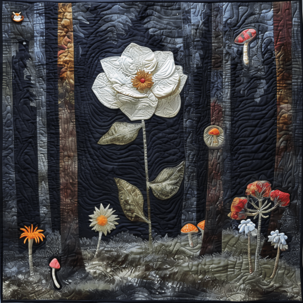 A storytelling quilt depicting a flower and mushrooms in the forest, created with digital quilt blocks from Seamsecrets.com.